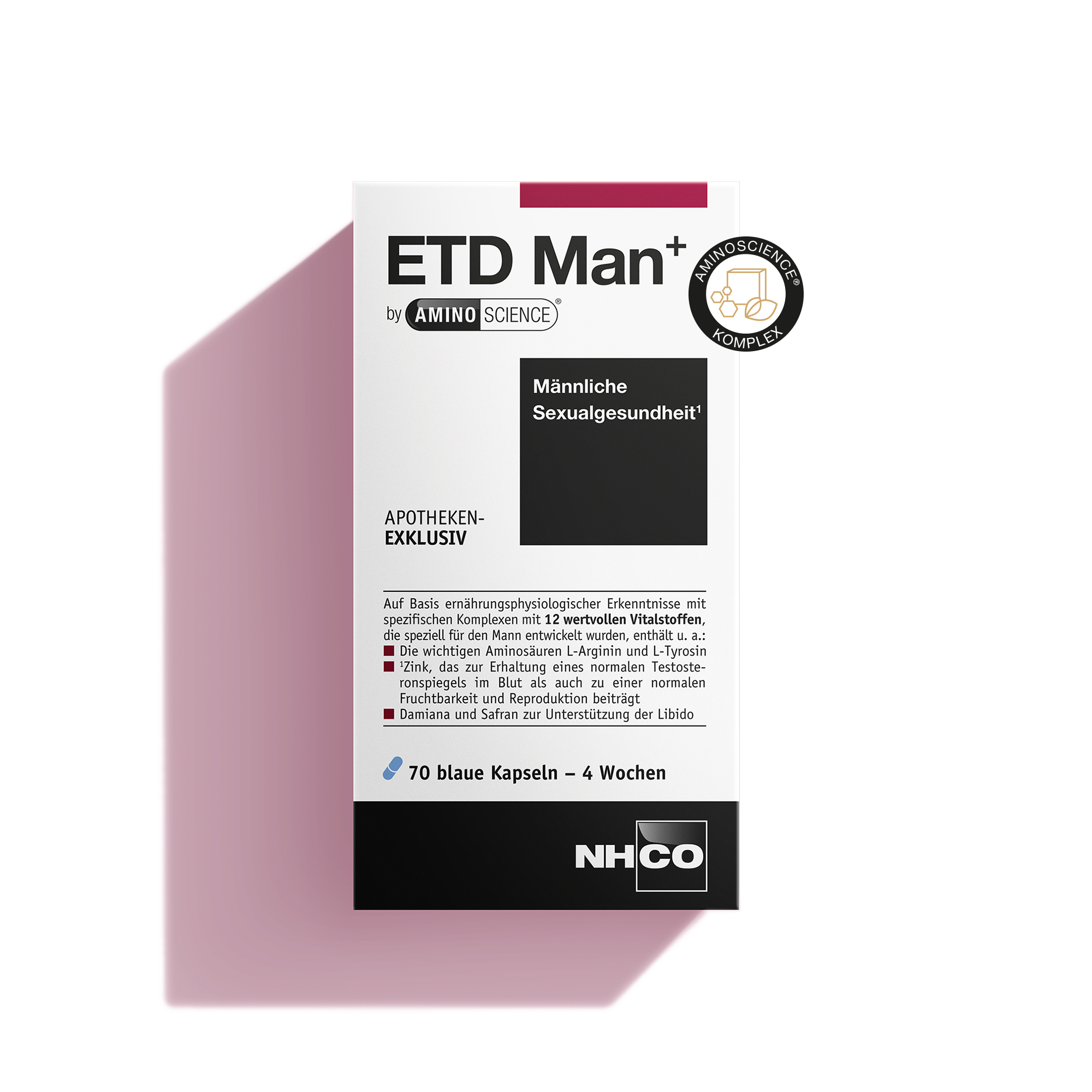 Packshot von ETD Man+, Aminosäure-basiertes Nahrungsergänzungsmittel für männliche Sexualgesundheit.