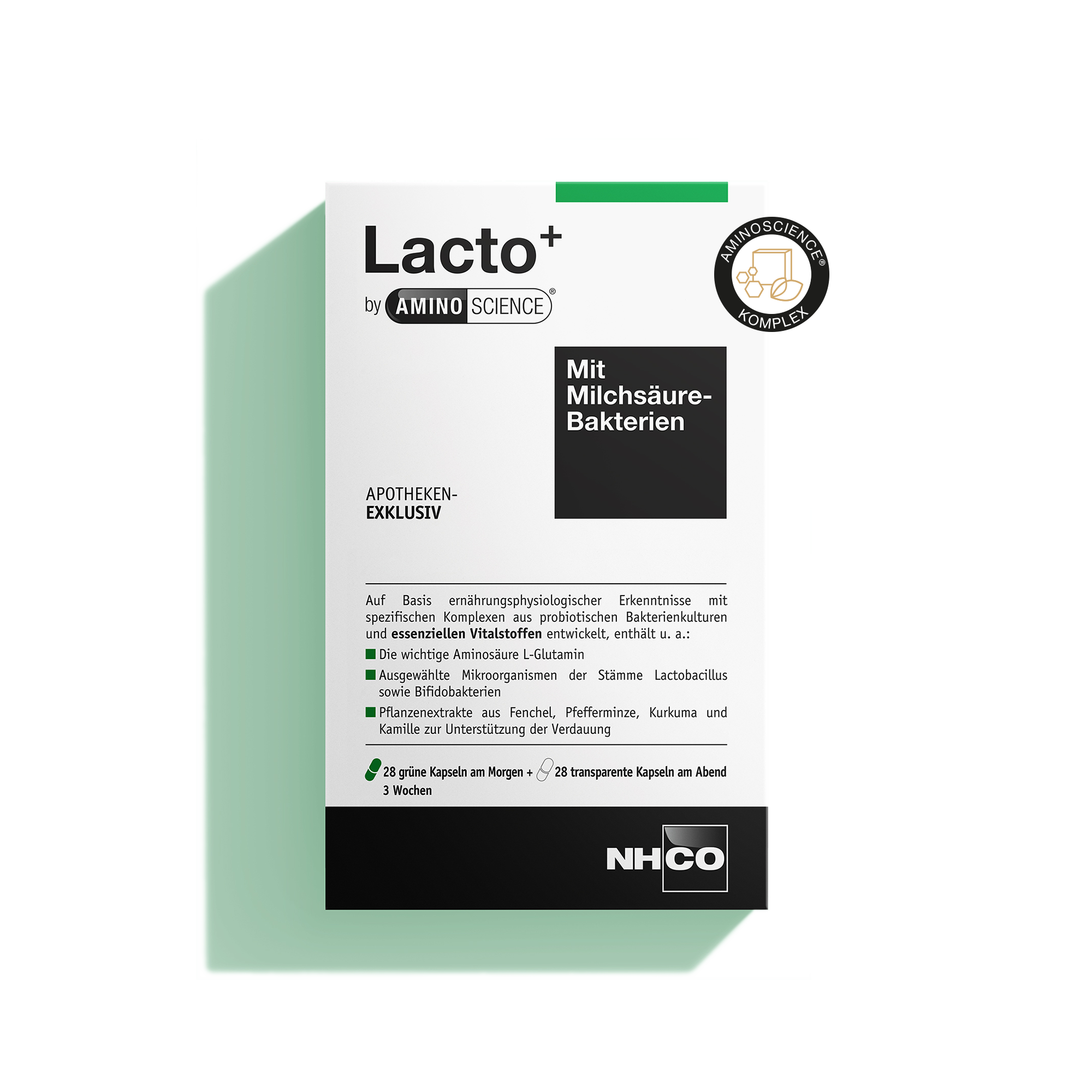 Packshot von Lacto+ mit AminoScience Komplex, Nahrungsergänzung für Verdauung.