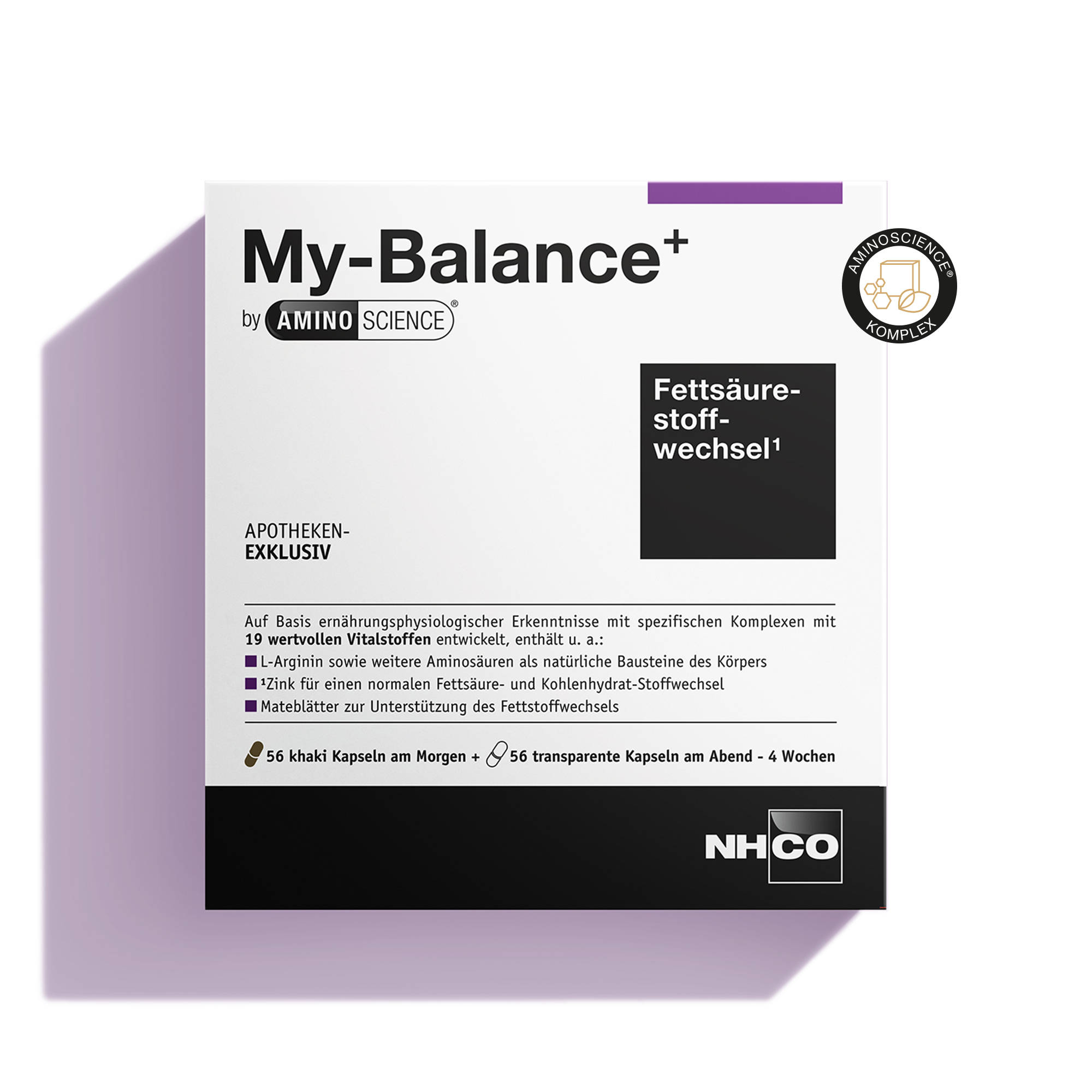 Verpackung von My Balance+ AminoScience, Nahrungsergänzung für den Fettstoffwechsel.