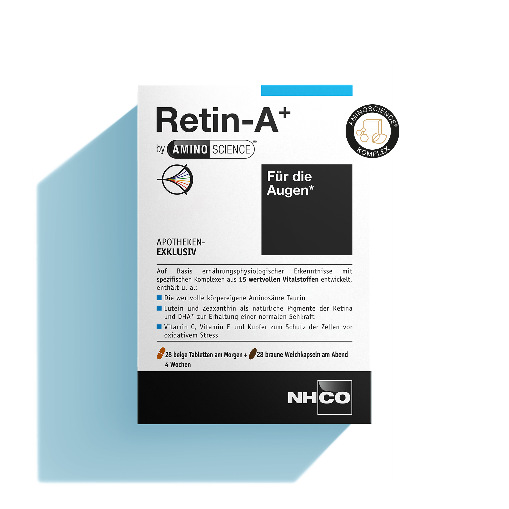 Verpackung von Retin-A+ mit AminoScience® Komplex, für die Augen, enthält Aminosäuren und Vitamine.