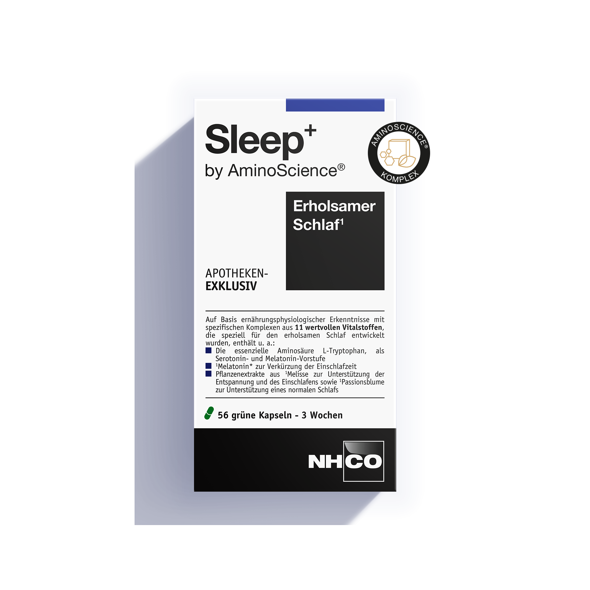 Verpackung von NHCO Nutrition Sleep+ mit AminoScience Komplex für besseren Schlaf.