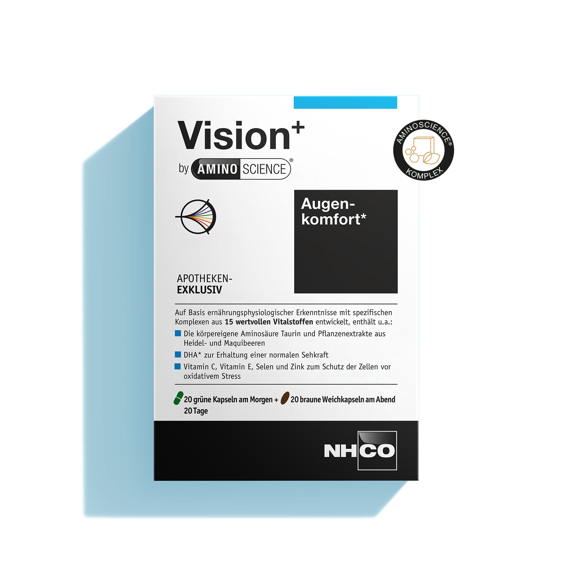 Verpackung von Vision+ AminoScience, Nahrungsergänzung für Augenkomfort, mit Aminosäuren und Mikronährstoffen.